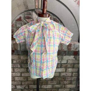 kids vintage kitten bow blouse button down plaid pink yellow blue